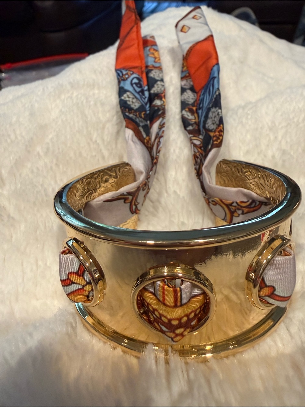 Gold Metal Scarf-Detail Cuff Bracelet with Orange Blue Printed Silk